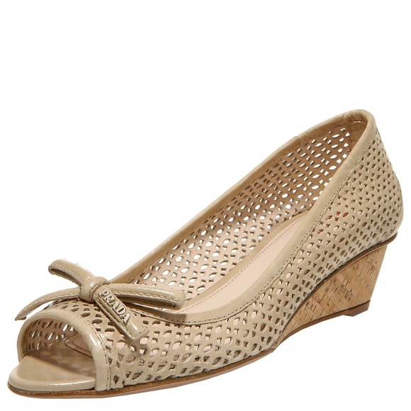 Prada Bow Peep Toe Cork Wedges - Picture 2 of 8